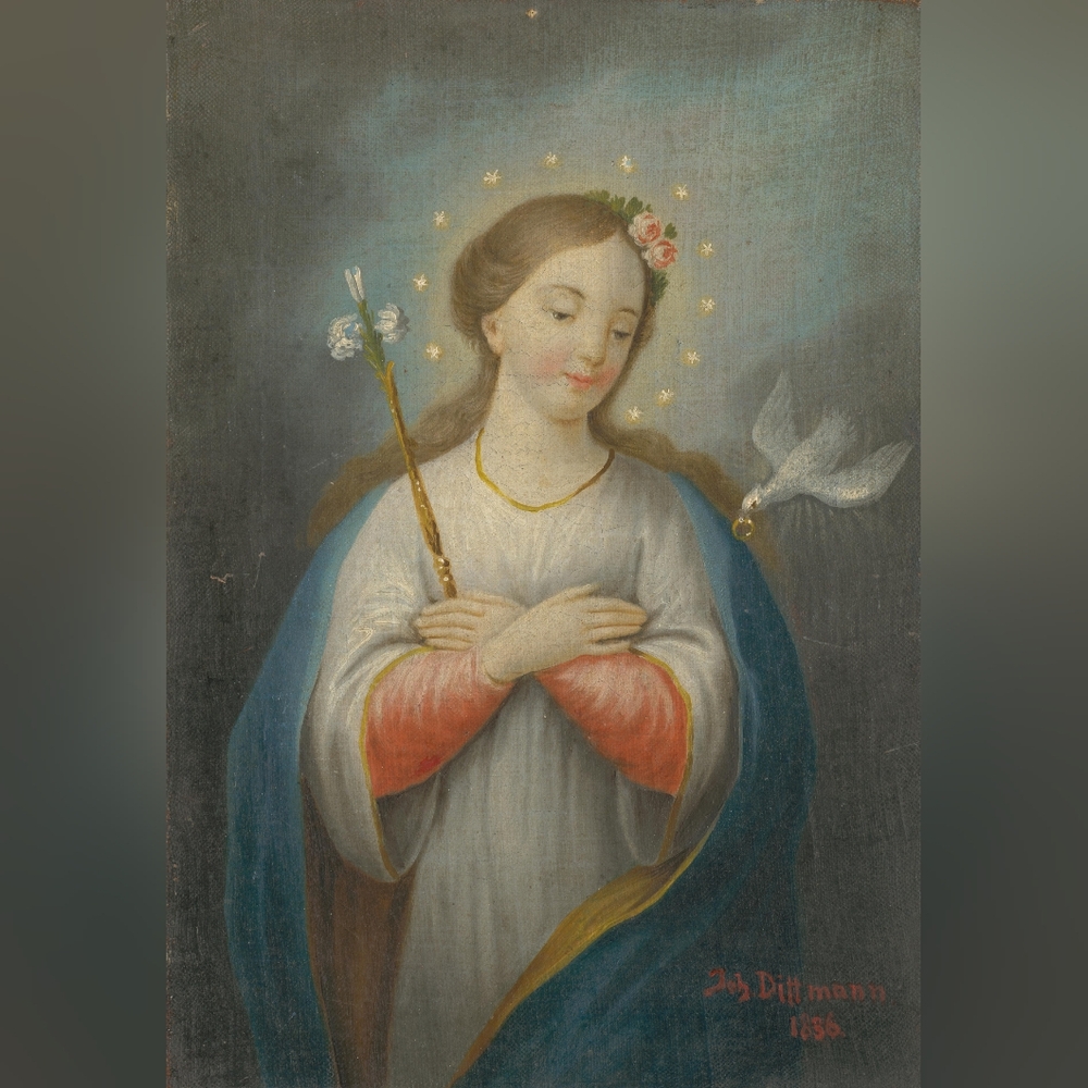 Elegant Religious Art Print with Blue and White Tones